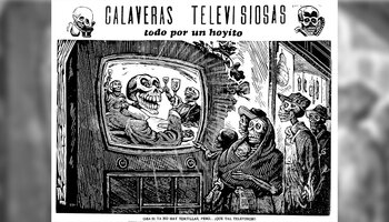 A cartoon of skeleton people watching tv