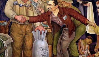 A crowded political mural shows uniformed men shaking hands over a smiling gray bust, while a priest and fallen figures frame the tense, satirical scene.