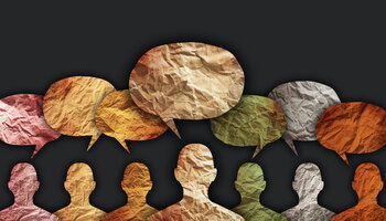 figures of heads with empty word bubbles above them. 