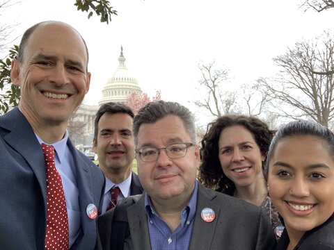 Profs. Jon Ebel, Eduardo Ledesma, Craig Koflosky, Renée Trilling, and undergraduate student Issy Marquez at the U.S. Capitol.