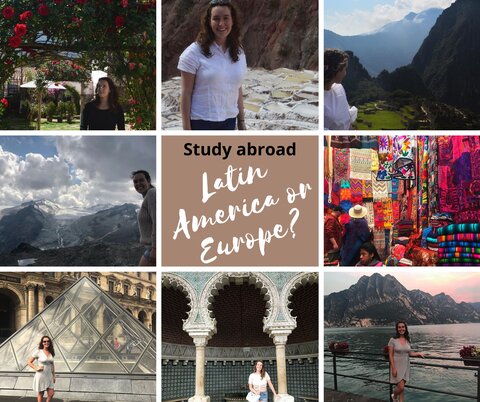 Collage of photos with female college student during study abroad in Peru, Guatemala and in European countries
