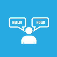 A person with two word bubbles above their head, one saying hello and the other saying hola