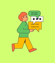 a cartoon man carries word boxes 