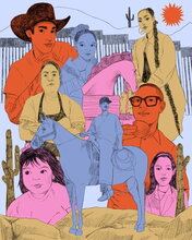A group of figures looks at the audience, including a man on a hourse and a young child.