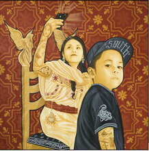 A woman in the center is seated and holds a cell phone, while a child in front of her looks at the viewer