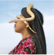 A side profile of a woman, with a snake ravelled around her head