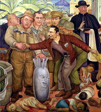 A crowded political mural shows uniformed men shaking hands over a smiling gray bust, while a priest and fallen figures frame the tense, satirical scene.